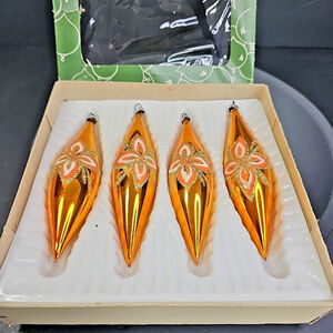 Vintage Gold Oblong Christmas Ornaments Baubles 5.5 Inch With Box GDR Germany
